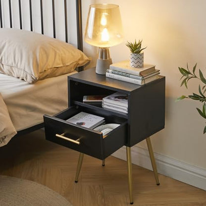 IBUYKE Nightstand, Mid Century Modern Night Stand, Bedside Table with Drawers and Open Storage Shelf, End Side Table with Metal Legs, for Bedroom, Small Spaces,Black UWNS004B - color: Black