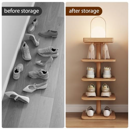 4-Tier Vertical Shoe Rack, Narrow Shoe Tower for Small Space - color: Natural, size: 11.4"D x 10.8"W x 28.8"H