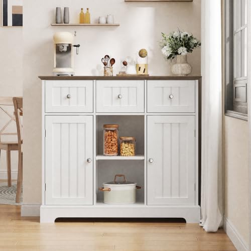ChooChoo 35.4" Coffee Bar Cabinet with 3 Drawers and 2 Doors, White & Brown | Buffet Cabinet with Adjustable Shelves, Storage Cabinet for Compact Kitchens, Dining rooms and Living rooms - color: White & Brown