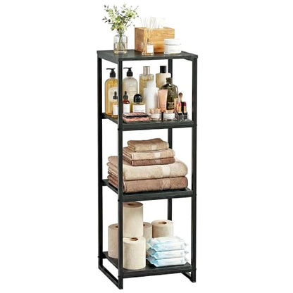 4-Tier Bathroom Shelving Unit, Narrow Corner Slim Rack, Black | 33.7"H, Metal Frame, Wood Finish Shelf, for Laundry Room, Kitchen, Living Spaces, Sturdy Build - size: 4-Tier