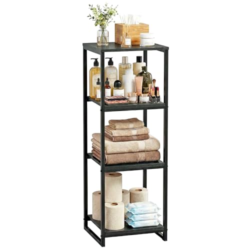 4-Tier Bathroom Shelving Unit, Narrow Corner Slim Rack, Black | 33.7"H, Metal Frame, Wood Finish Shelf, for Laundry Room, Kitchen, Living Spaces, Sturdy Build - size: 4-Tier