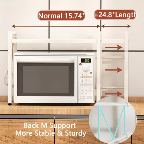 2-Tier Expandable Microwave Stand, Extendable Microwave Oven Rack with Storage Shelf Heavy Duty with 6 Hooks and Chopsticks Cutting Board Tools Holder for Kitchen(15.7~24.8" L) - color: White