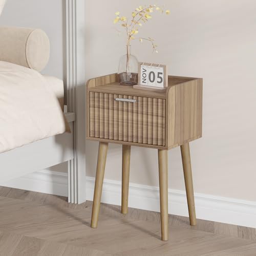 LAATOOREE Small Nightstand Set of 2, Side End Table with Fluted Door, Bedside Table with Solid Wood Legs, Mid-Century, for Bedroom, Small Beds - color: Rustic Walnut, style: Fluted Style