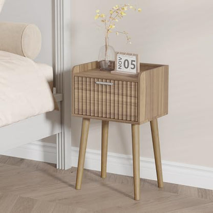 LAATOOREE Small Nightstand Set of 2, Side End Table with Fluted Door, Bedside Table with Solid Wood Legs, Mid-Century, for Bedroom, Small Beds - color: Rustic Walnut, style: Fluted Style