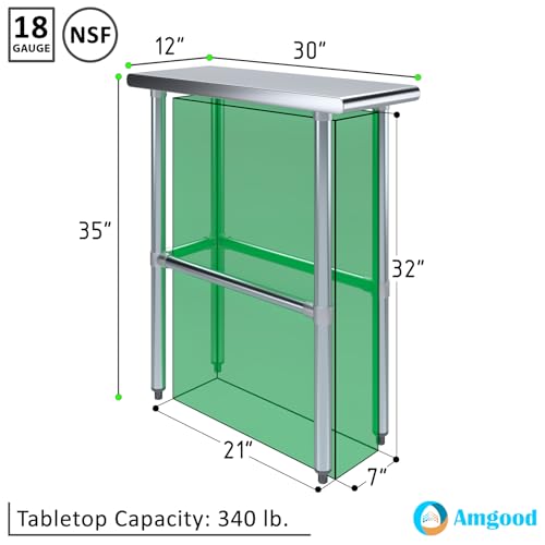 AmGood 30 in. x 12 in. Open Base Stainless Steel Work Table | Residential & Commercial | Food Prep | Heavy Duty Utility Work Station | NSF - size: 12 in. Length x 30 in. Width