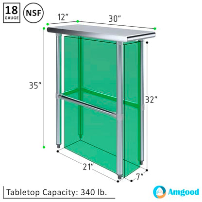AmGood 30 in. x 12 in. Open Base Stainless Steel Work Table | Residential & Commercial | Food Prep | Heavy Duty Utility Work Station | NSF - size: 12 in. Length x 30 in. Width