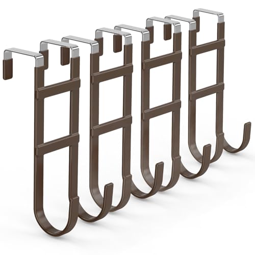 FYY Over the Door Hooks, Double-Hanger 4 Pack, Fits Doors 1.6" Brown | Heavy Duty Metal, Hold 100lbs, Rubber-Coated, No-Drilling, for Bathroom Dorm, Hanging Clothes Towels Bags Ironing Board Robe - color: Brown, size: 7.8" Long, Fit Interior Doors Up to 1