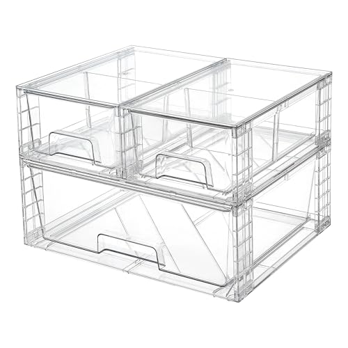 Vtopmart Clear Stackable Storage Drawers, 3 Pack Wide Organizer Set | Wide and Small Pull-Out PET Drawers with Stackable Design for Bathroom Organization, Cabinets, Closets, Pantry and Medicine - style: 1 Wide+2 Small