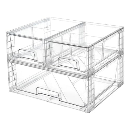 Vtopmart Clear Stackable Storage Drawers, 3 Pack Wide Organizer Set | Wide and Small Pull-Out PET Drawers with Stackable Design for Bathroom Organization, Cabinets, Closets, Pantry and Medicine - style: 1 Wide+2 Small
