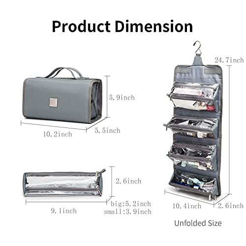 Roll Up Makeup Bag, Travel Toiletry Bag for Women with 4 Clear TSA Approved Pouches, Hanging Travel Organizer, Folding Cosmetic Bag for Men and Women - color: Grey