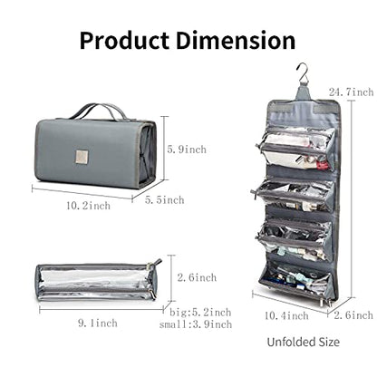 Roll Up Makeup Bag, Travel Toiletry Bag for Women with 4 Clear TSA Approved Pouches, Hanging Travel Organizer, Folding Cosmetic Bag for Men and Women - color: Grey