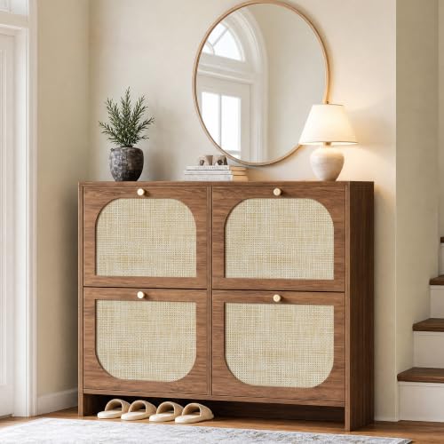 Nicetree Freestanding Ultra Slim Arched Rattan Accent Shoe Storage Cabinet for Entryway - 4 Flip Drawers & 3-Tier Adjustable Shelves, Farmhouse Modern Rustic Shoe Rack for Hallway, Foyer Oak - color: Caramel