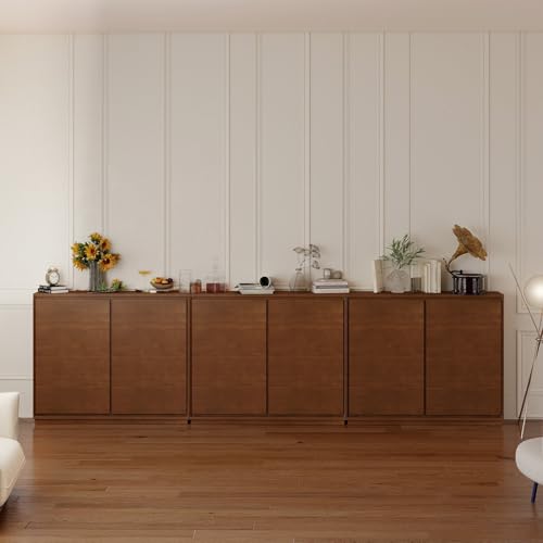 Mid Century Modern Narrow Sideboard Buffet Cabinet,Walnut Entryway Storage Cabinet,Modular Storage Cabinets,Slim Wooden Credenza for Small Spaces (3 Pieces,117" L*9.25" D) - color: Brown Walnut-3 Pieces