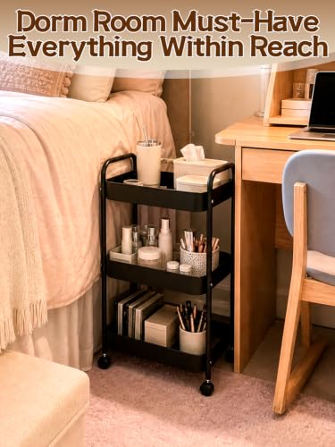3-Tier Carbon Steel Rolling Cart for Dorm, Black | Utility Cart College Essentials with 360° Swivel Lockable Wheels, Book Cart Self Organizer for Girls Bedside Snack Storage