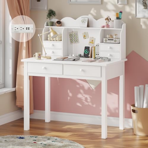 ADORNEVE White Home Office Desk with Hutch and USB Ports | 31.5 inch, Charge Station, Small Writing Desk with Drawers, Study Table, for Kids/Student, Makeup Dressing Table - color: White With Usb Ports, size: 31.5*15.8inch