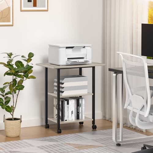 Lerliuo 3-Tier Printer Stand, Industrial Mobile Printer Table with Storage Shelf and Steel Frame, Rolling Printer Cart Holder with Lockable Wheels for Home, Office (Oak) | Oak Mobile Printer Cart Holder for Home Office, Lockable Wheels, Open Storage Shelf