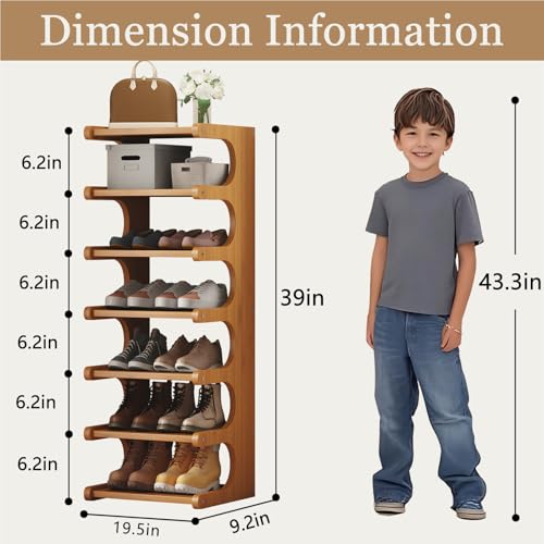 7-Tier Vertical Shoe Rack, Bamboo Free Standing Shoe Rack Shelf, Shoe Storage Stand, Entryway Shoe Tower, Vertical Shoe Organizer for Narrow Closet, Entryway, Hallway - color: Brown