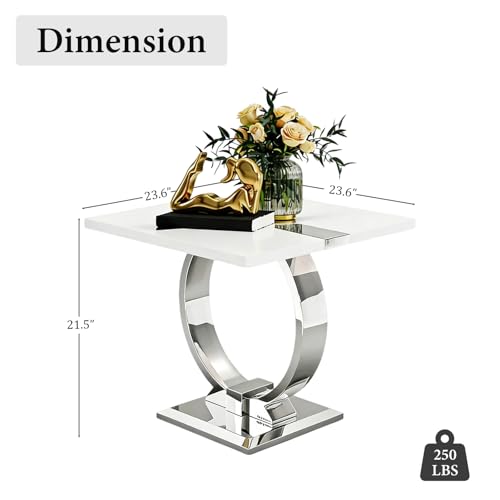 Asday 23.6" White and Silver End Tables Set of 2, Modern Side Tables with Glossy Wooden Top and Stainless Steel U-Shaped Base, Accent Tables for Living Room, Bedroom, Lounge - color: White and Silver, size: Set of 2