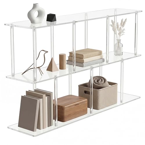 3-Tier Acrylic Clear Bookshelf 11.8''D X 47.2''W X 24.6''H Horizontal Bookshelf with Large Storage Cube Organizer Shelf Easy Assembly for Home Office Living Room Bedroom