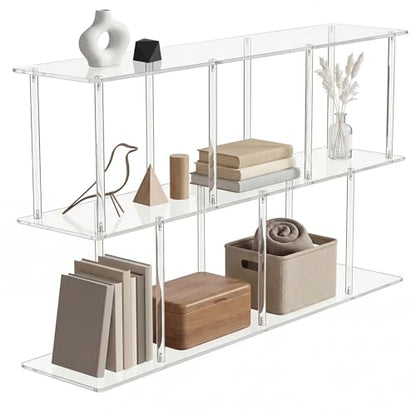 3-Tier Acrylic Clear Bookshelf 11.8''D X 47.2''W X 24.6''H Horizontal Bookshelf with Large Storage Cube Organizer Shelf Easy Assembly for Home Office Living Room Bedroom