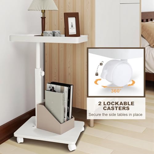 Narrow C Shaped End Tables Living Room, 360° Swivel Adjustable Height Small Side Table, Modern Side Table for Couch Bedroom (White) - color: White