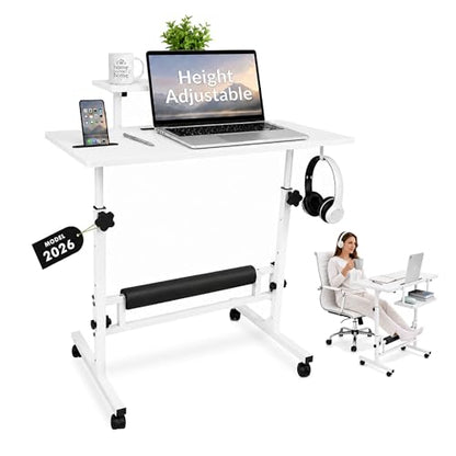 Small Rolling Desk with Wheels, Adjustable Height 27"-43.3" Portable Standing Desk, 31.5"x15.7" Tabletop, Mobile Laptop Computer Table for Home Office Workstation, White - color: White