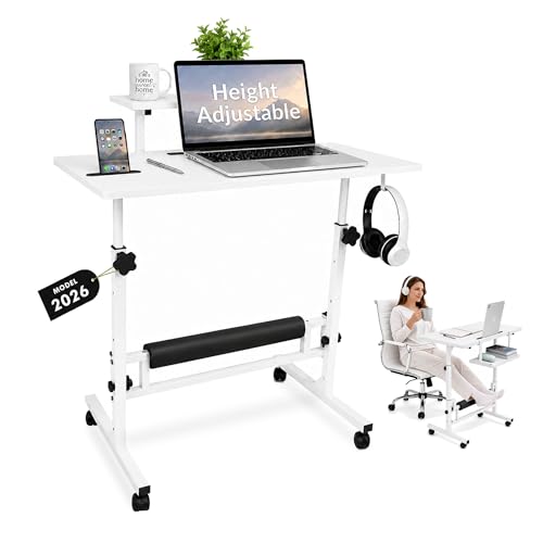 Small Rolling Desk with Wheels, Adjustable Height 27"-43.3" Portable Standing Desk, 31.5"x15.7" Tabletop, Mobile Laptop Computer Table for Home Office Workstation, White - color: White