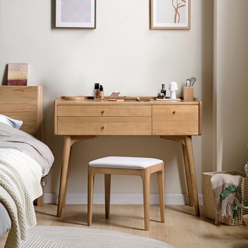 Small Vanity Desk, Solid Wood Dressing Table with Drawer Divider, Study Desk and Vanity Desk for Bedroom, 18" D x 31" W x 32" H - color: Ash Wood-natural, size: 32" W
