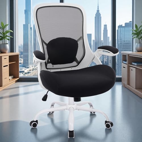 HYLONE 400lbs Heavy Duty Office Chair, 5" Thickened Seat Ergonomic Desk Chair with Adjustable Armrests, Home Office Computer Chairs for Long Hours Mesh Executive Chair(White Base&Black) - color: White Frame & Black, size: Thicken Cushion