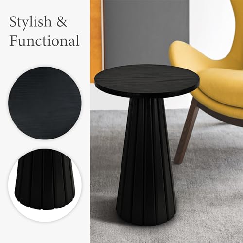 COVLON Fluted Drum Side Table, Small Round Side Table, Pedestal End Table, Modern Accent Drink Table, Plant Stand for Living Room, Bedroom, Office, Small Spaces, Black