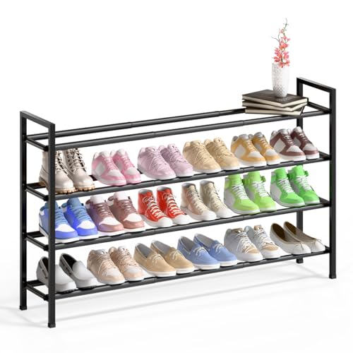 Bumusty 4-Tier Long Expandable Shoe Rack for Closet, 18"-44" Adjustable Shoe Rack for Entryway, 20-24 Pairs Large Shoe Organizer Shelf Storage, Sturdy Metal, Black - color: Black, size: 4-tier