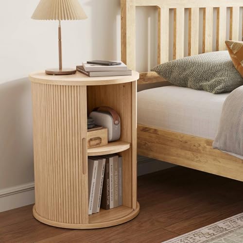 LINSY HOME Round Fluted End Table, Tall Side Table with Sliding Tambour Door and Storage Shelf, Modern Bedside Table, Mid-Century Nightstand for Living Room, Bedroom, Oak - color: Oak
