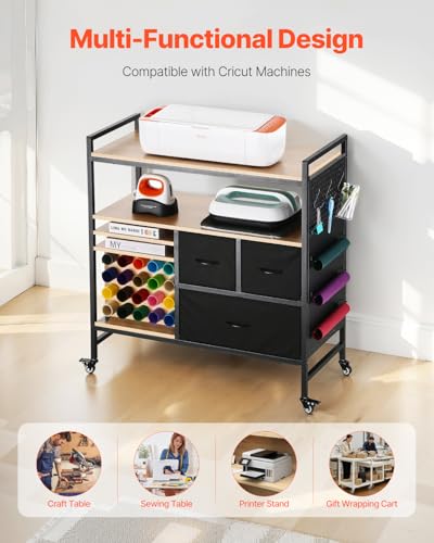 VEVOR Rolling Craft Cart and Storage Table, Compatible with Cricut Machines, Crafting Table Organization Workstation, Craft Rolling Storage Organizer with 20 Vinyl Roll Holders and 3 Drawers, Black