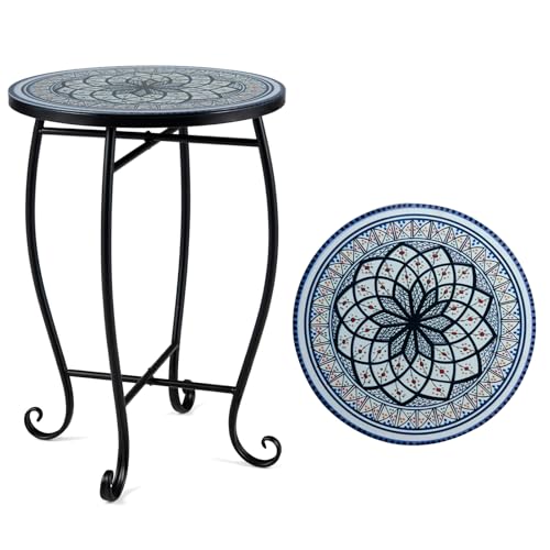 Giantex Outdoor Side Table, Blooming Lotus Mosaic Patio Accent Table, 14" Coffee End Table, Indoor Outdoor Metal Plant Stand for Porch Garden Balcony Desk - style: Blooming Lotus