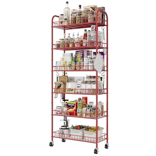 Slim Rolling Storage Cart, 6 Tier Metal Kitchen Rolling Utility Cart with Lockable Wheels for Kitchen, Bathroom, Laundry Room, Small Narrow Spaces (Red 10 Inches) - size: Red 10 Inches