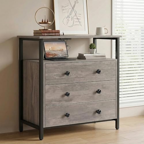 Edbuosy 3 Wooden Drawers Night Stand, 27 Inch Wide Nightstand with Charging Station and Adjustable Drawers, Small Dresser for Closet, Bedside Table for Living Room/Bedroom/Office, Rustic Gray - color: Rustic Gray, size: 27"W-3 Drawers