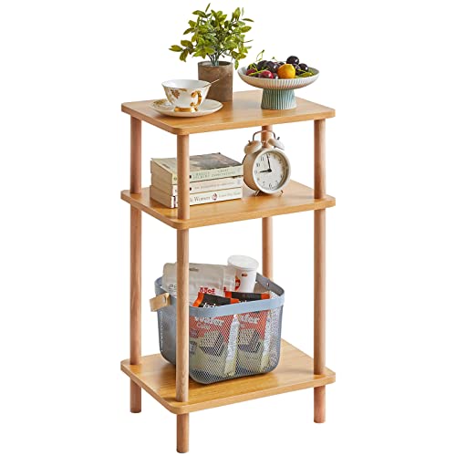 IBUYKE 3-Tier Side Table, Solid Wood Tall End Table with Storage Shelves, Nightstand Bedside Table for Living Room Bedroom Office, No-Tool Assembly, Natural UWST003N - color: Natural, size: 11.42" x 15.35" x 26.96"