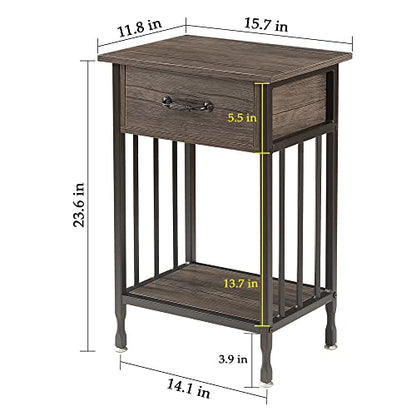 VECELO Nightstands, Industrial Side/End Tables with Drawer and Storage Shelf, Night Stands for Bedroom, Living Room, Wood Metal Furniture, Easy Assembly, 1 Pack, Grey