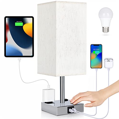 Bedside Lamp with USB Ports - Touch Control Table Lamp for Bedroom with USB C+A Charging Ports & AC Outlets, 3 Way Dimmable Nightstand Light for Living Room (LED Bulb Included, Chrome - Flaxen) - color: Chrome - Flaxen