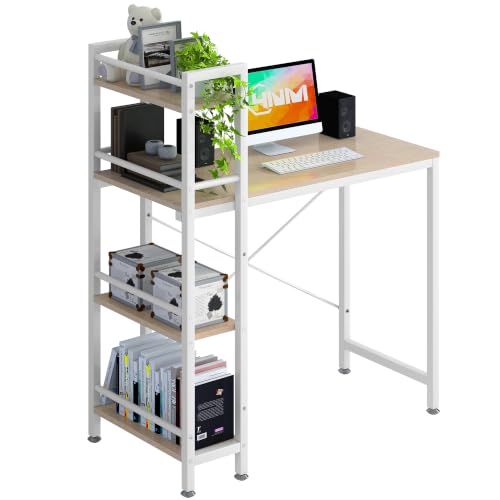 4NM 35.4" Small Computer Desk with 4-Tier Bookshelf and 8 Hooks, Home Office Desk Writing Workstation Study Table for Small Space Work - Natural and White