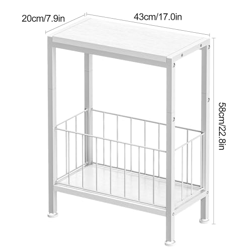 Narrow Side Table, Skinny End Tables with Magazine Holder, Small Sofa Table for Small Spaces, Space-Saving Design, Slim Nightstand Bedside Table for Living Room, Bedroom, Office, White - color: White