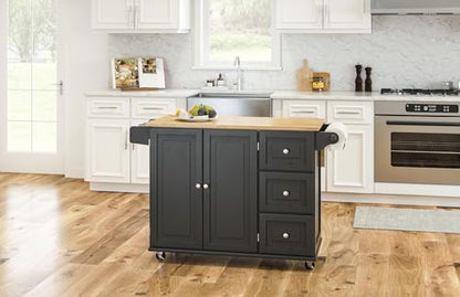 Homestyles Dolly Madison Black Mobile Kitchen Island Cart with Wood Drop Leaf Breakfast Bar - color: Black