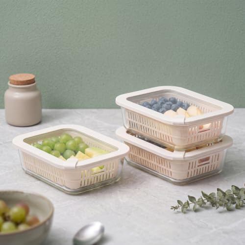 Urban Green Glass Food Storage Containers with Glass Lids, Microwave Safe Food Container Set, Aitight Meal Prep Container Set, BPA Free, 3 extra Colanders, LeakProof, 3 Pack of 35oz - color: Ivorywhite-3RT