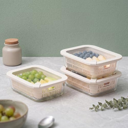 Urban Green Glass Food Storage Containers with Glass Lids, Microwave Safe Food Container Set, Aitight Meal Prep Container Set, BPA Free, 3 extra Colanders, LeakProof, 3 Pack of 35oz - color: Ivorywhite-3RT
