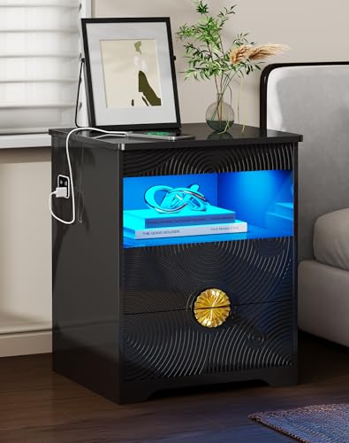 Modern Nightstand Set 2 with Gun Drawer, Bedside Table with 3-Color LED Lights & Human Sensor, Smart Night Stands with Charger Station, 2 Drawers End Table for Bedroom, Black - color: Black Set 2-new