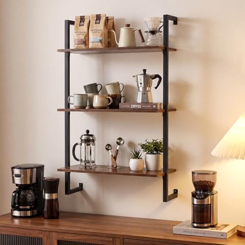 Giantex 3-Tier Wall-Mounted Bookshelf, Industrial Floating Storage Display Shelves with Metal Frame, Wood Open Ladder Bookcase for Living Room, Home Office, Kitchen, Rustic Brown + Black - color: Rustic Brown + Black
