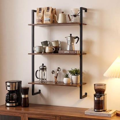 Giantex 3-Tier Wall-Mounted Bookshelf, Industrial Floating Storage Display Shelves with Metal Frame, Wood Open Ladder Bookcase for Living Room, Home Office, Kitchen, Rustic Brown + Black - color: Rustic Brown + Black