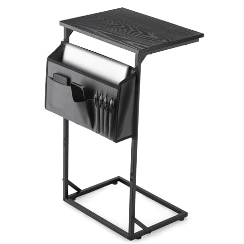 C Shaped End Table for Couch, Small Side Table for Living Room & Bedroom, Slide Under Sofa Table for Laptop, Coffee, Snacks, Easy Assembly, Modern Design - color: Black, size: With Storage Bag