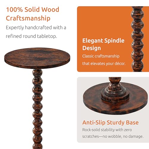 Solid Wood Round Side Table for Living Room, Bedroom and Office — Handcrafted 22-Inch End Table, Bedside Nightstand, Accent Table for Small Spaces with Tool-Free Assembly- Rustic Brown - color: Rustic Brown