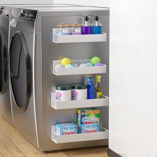 Vetacsion 4 Pack Magnetic Laundry Organizer, Heavy Duty Magnetic Shelf For Washer And Dryer, White, Iron